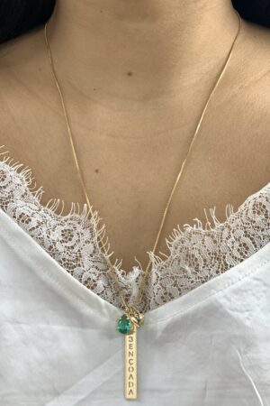 Conjunto Longuinho Colar e Brinco Gota Com Placa - Semijoia Ouro