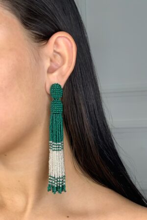 Brinco Tassel Longo Verde Com Miçangas - Premium