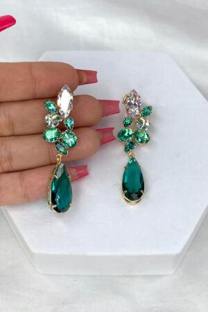 Brinco Pedras zircônias pêndulo gota verde  - Semijoia Ouro.