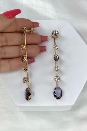 Brinco Pêndulo Com Pedras Zircônias Lilás e Cristal - Semijoia Ouro