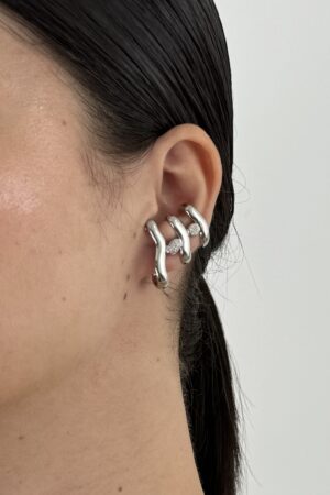 Brinco Ear Hook Orgânico Cravejado com Zircônias - Semijoia Ródio