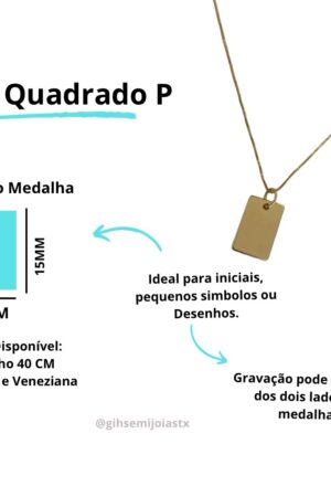 Colar Medalha Quadrada P Gravação a Laser - Semijoia Ouro 18K