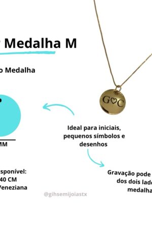 Colar Medalha M Gravação a Laser - Semijoia Ouro 18K