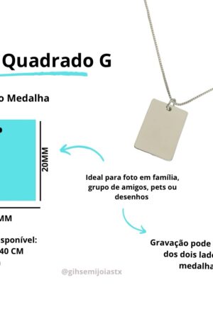 Colar Medalha Quadrada G Gravação a Laser - Semijoia Prata