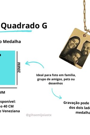 Colar Medalha Quadrada G Gravação a Laser - Semijoia Ouro 18K