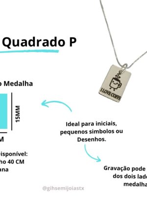 Colar Medalha Quadrada P Gravação a Laser - Semijoia Prata