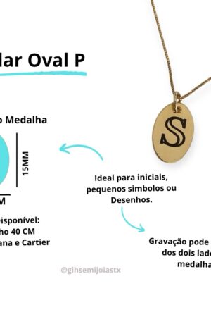 Colar Medalha Oval P Gravação a Laser - Semijoia Ouro 18K