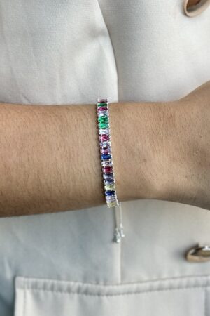 Pulseira Riviera Colorida Zircônia Baguete Ajustável - Semijoia Prata