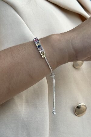 Pulseira Riviera Colorida Zircônia Baguete Ajustável - Semijoia Prata
