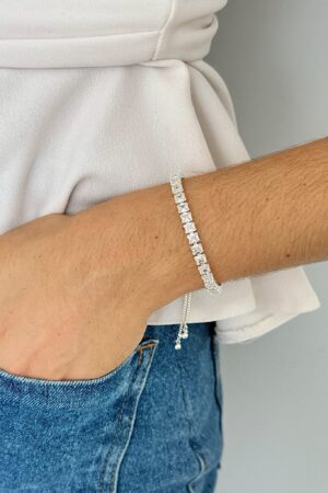 Pulseira Ajustável Pedras Quadradas Cristal - Semijoia Prata