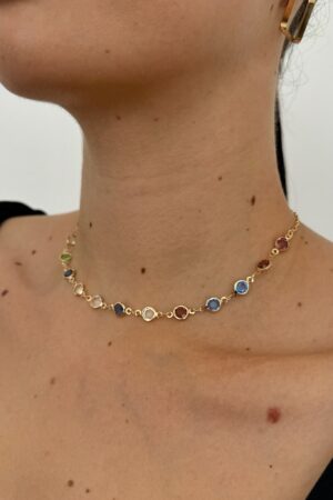 Choker Com Zircônias Redonda Coloridas - Semijoia Ouro