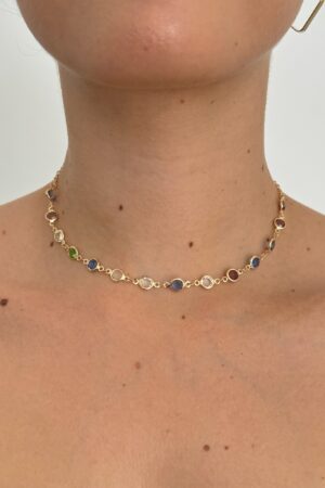 Choker Com Zircônias Redonda Coloridas - Semijoia Ouro