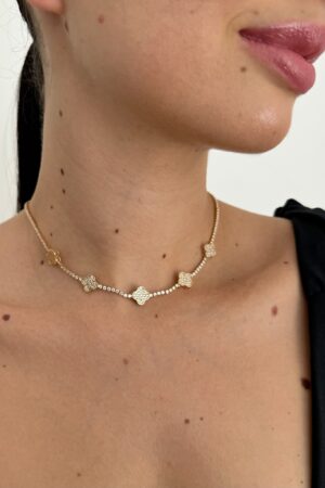 Choker 5 Trevos Cravejados - Semijoia Ouro