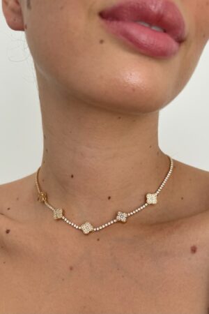 Choker 5 Trevos Cravejados - Semijoia Ouro