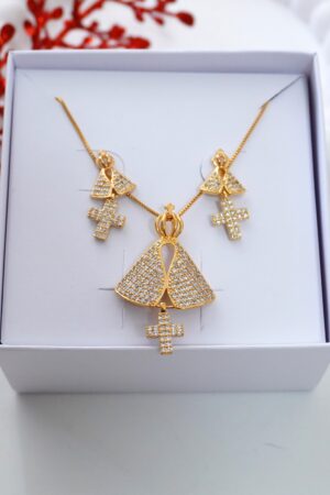 Conjunto Nossa Senhora Cravejado com Pedras Zircônias - Semijoia Ouro