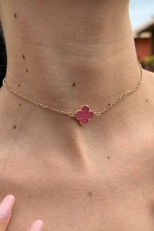 Choker Com Um Trevo Rosa - Semijoia Ouro