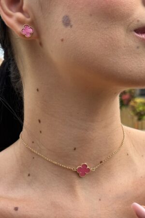 Choker Com Um Trevo Rosa - Semijoia Ouro